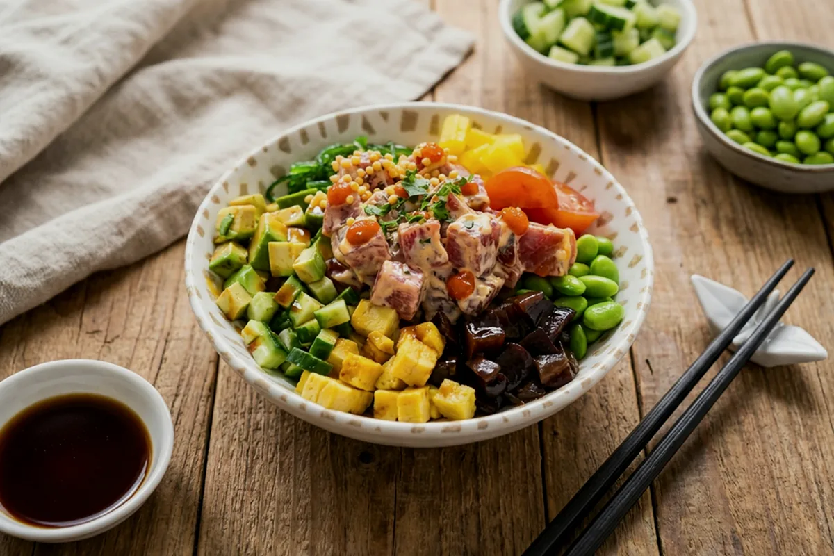 A bowl of rice topped with raw fish, edamame and vegetables