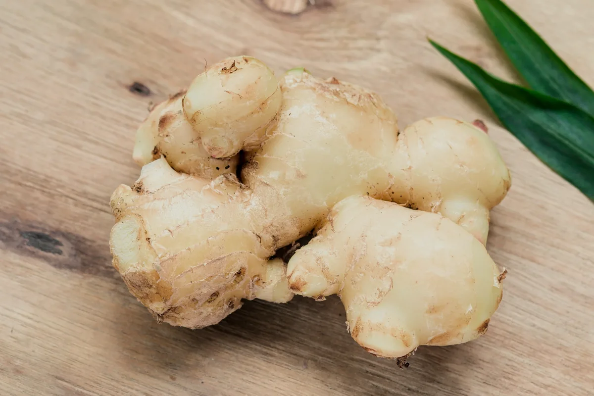 A knobbly piece of fresh ginger root on a dark surface