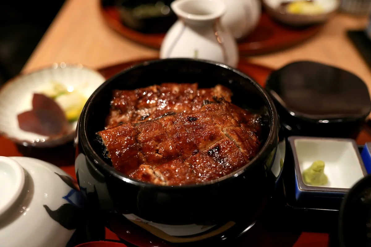 Dark glazed eel served over rice in a black bowl
