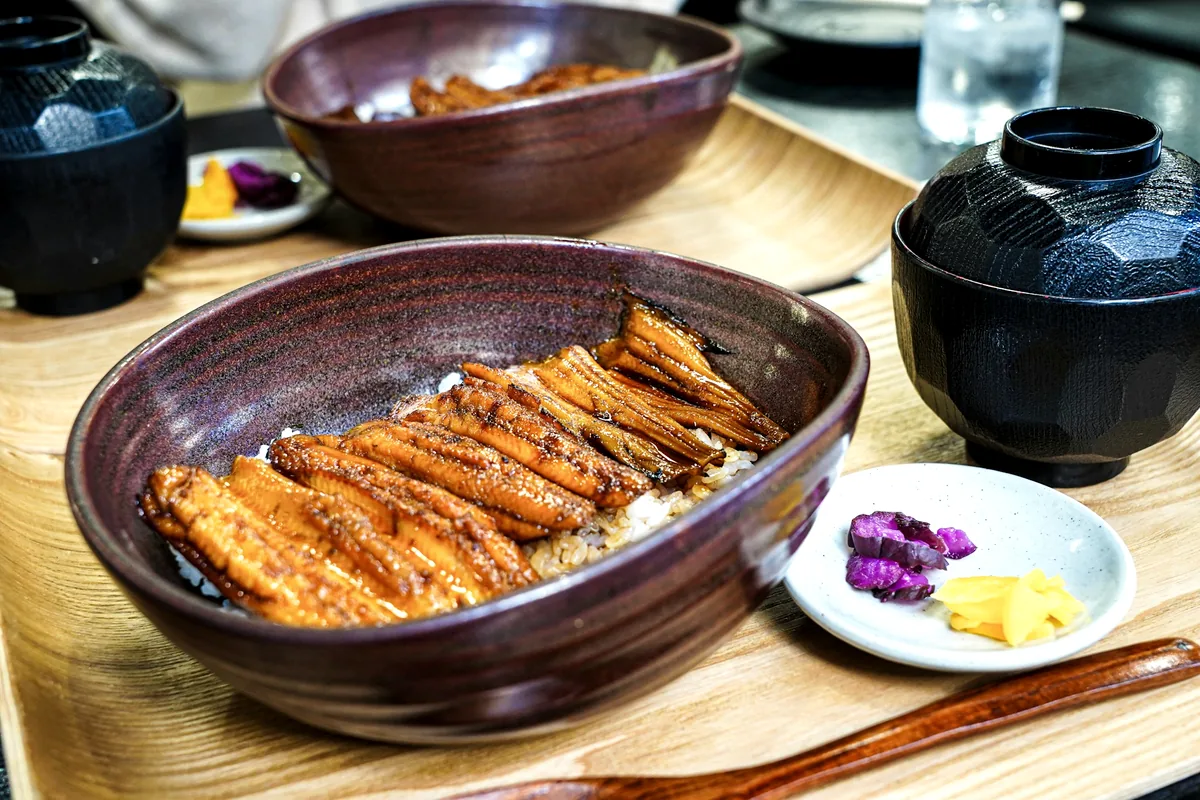 Sliced glazed eel served on a plate with rice and side dishes