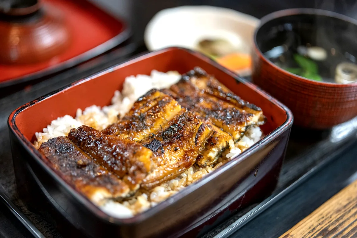 Glazed grilled eel laid over rice in a lacquered box
