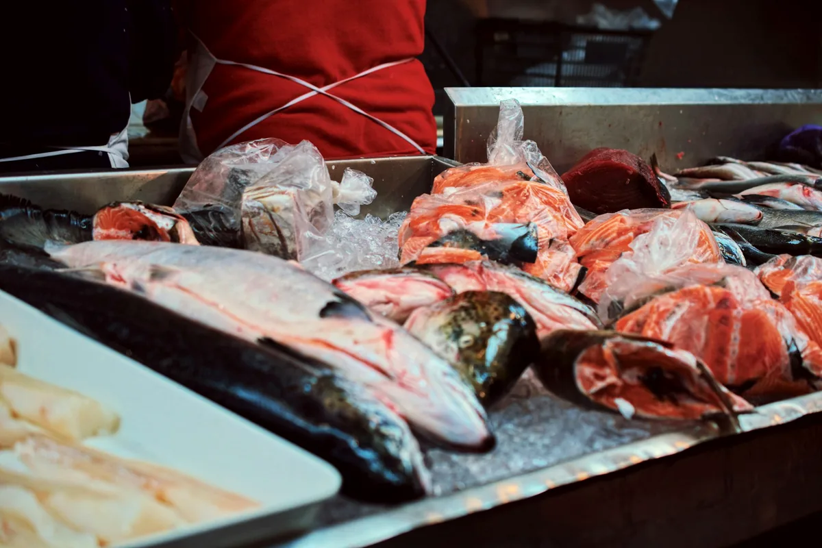 A person working behind a counter of fresh fish on ice