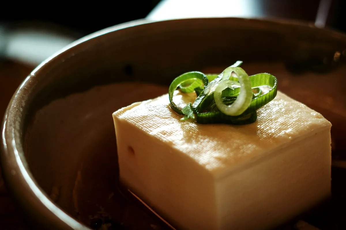 A block of lightly fried tofu sitting in broth, topped with sliced chilli