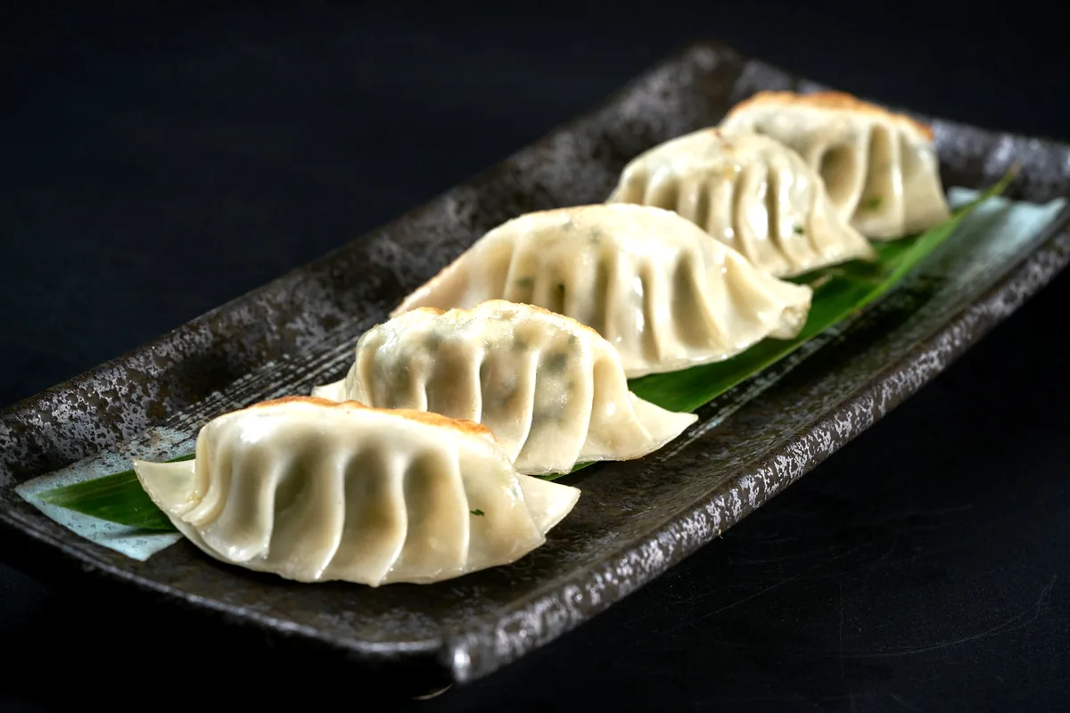 Pale steamed dumplings arranged in a row on a dark plate