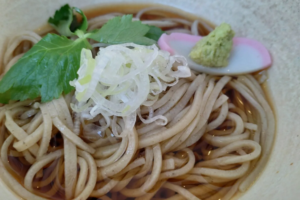 Buckwheat noodles served in a hot broth with grated daikon and wasabi