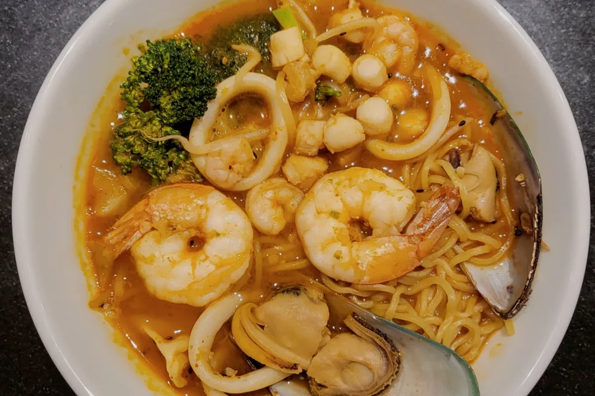 Spicy Seafood Ramen with shrimp, squid, mussels and broccoli