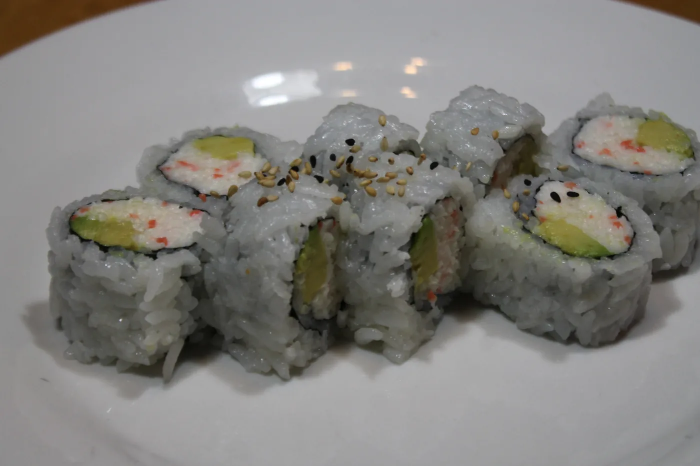 A standard California Roll with rice on the outside