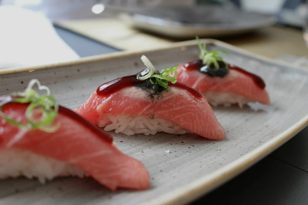 Two pieces of nigiri side by side on a ceramic plate